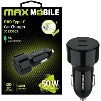 Auto punjač Max Mobile SC-233003, 2xUSB-C, 50W QuickCharge 3.0, crni
