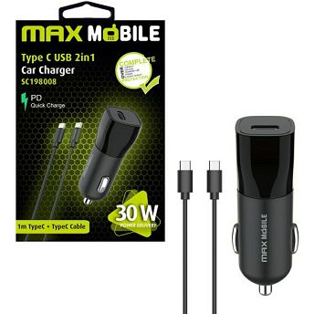 Auto punjač Max Mobile SC-233003, USB-C, USB-C na USB-C kabel, 30W, crni
