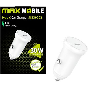 Auto punjač Max Mobile SC239002, USB-C, 30W Quick Charge 3.0, bijeli