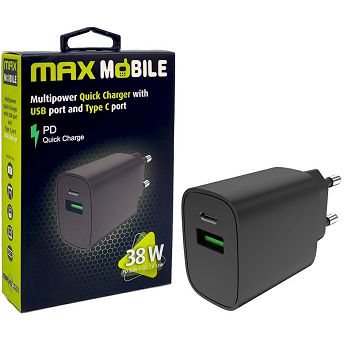 Strujni punjač Max Mobile 2UTR3068-QP, 38W PD Quick Charge 3.0, USB-A, USB-C, crni