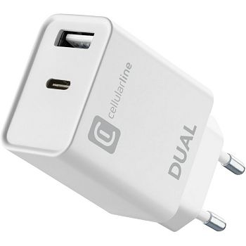 Strujni punjač Cellularline Dual, 20W, USB-A, USB-C, bijeli