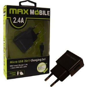 Strujni punjač Max Mobile 2u1, 10W, USB A, USB A na Micro USB kabel, crni