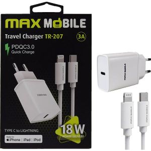 Strujni punjač Max Mobile TR207, 18W Quick Charge 3.0, USB-C, USB-C na Lightning kabel, bijeli