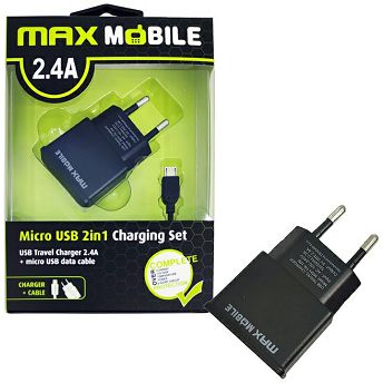 Strujni punjač Max Mobile 2u1, 10W, USB-A, USB-A na Micro USB kabel, crni