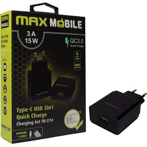 Strujni punjač Max Mobile TR-274, 18W Quick Charge 3.0, USB A, USB A na USB-C kabel, crni