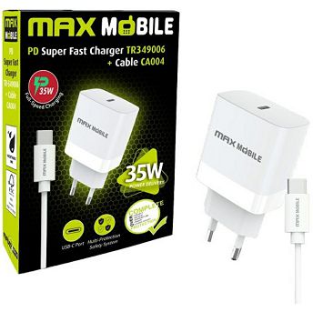 Strujni punjač Max Mobile TR349006, 35W PD, USB-C, USB-C na USB-C kabel, bijeli