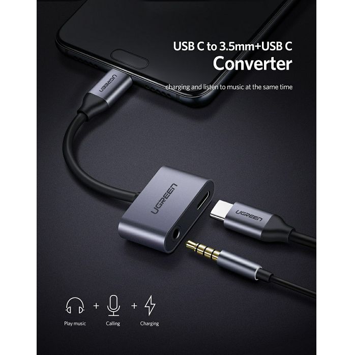 Adapter Ugreen, USB-C (M) na 3.5mm (Ž) + USB-C (Ž), crno-sivi