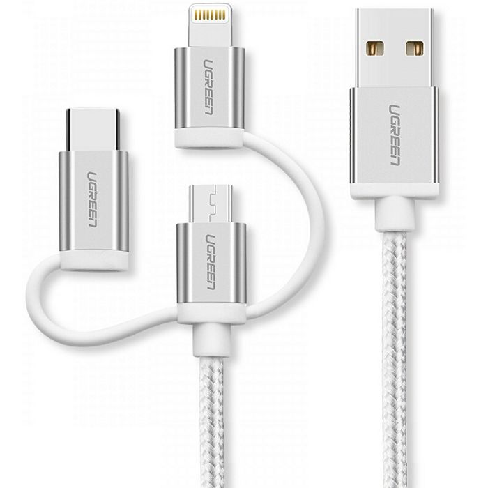 Kabel Ugreen 3u1, USB-A (M) na Micro USB (M) + USB-C (M) + Lightning (M), 1.5m, bijeli