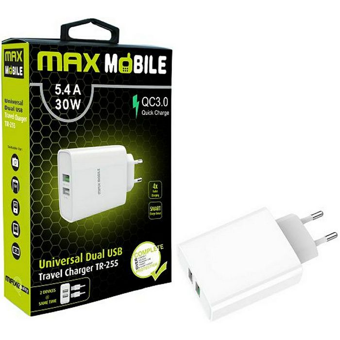Struni punjač Max Mobile TR-255, 30W Quick Charge 3.0, 2xUSB-A, bijeli